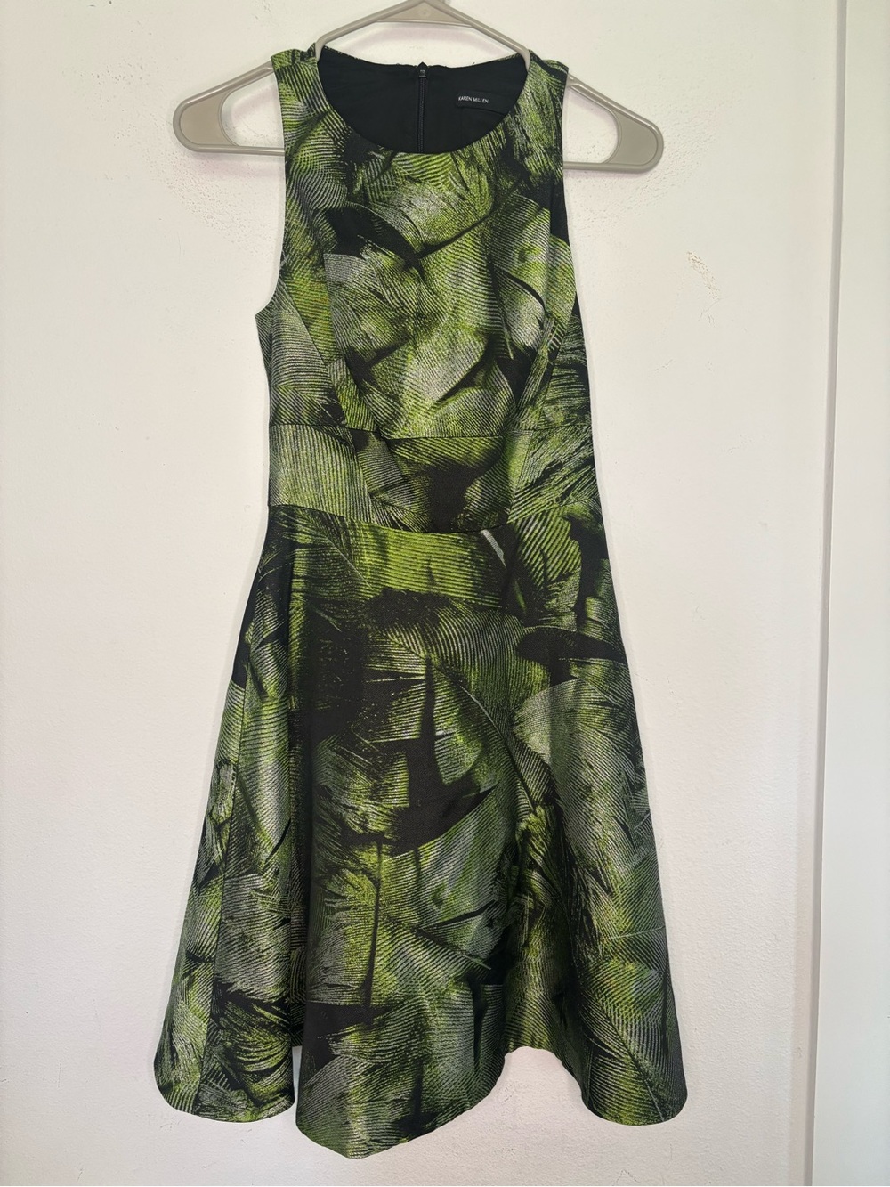 KAREN MILLEN GREEN TROPICAL PRINTED A LINE MIDI DRESS SZ 2